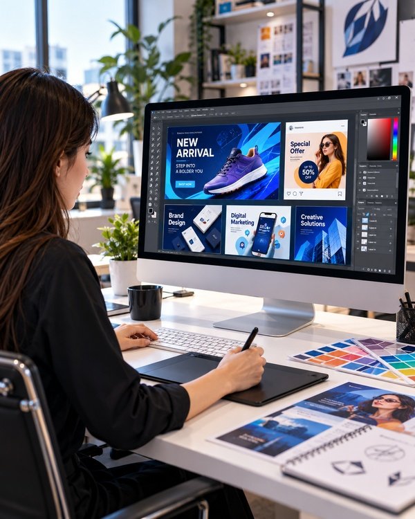 Graphic designer creating digital marketing graphics, promotional banners, social media posts, and branded visual content on a desktop computer.