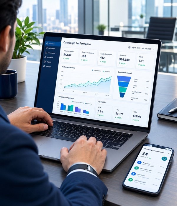 Digital performance marketing dashboard displaying ad spend, conversions, leads, revenue, and ROAS metrics on a laptop.