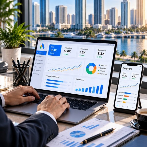 Google Ads campaign dashboard displaying clicks, impressions, conversions, advertising costs, and campaign performance analytics.