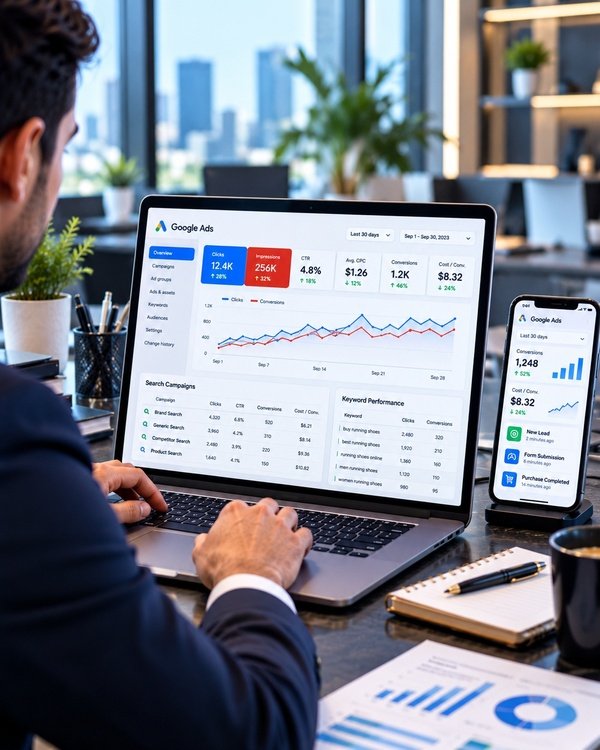 Google Ads dashboard showing paid search campaign performance, clicks, conversions, cost per click, and keyword metrics.