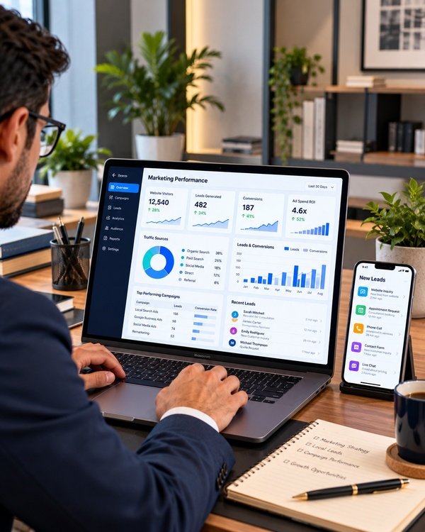 Digital marketing professional analyzing website traffic, leads, conversions, and marketing performance on a laptop dashboard.