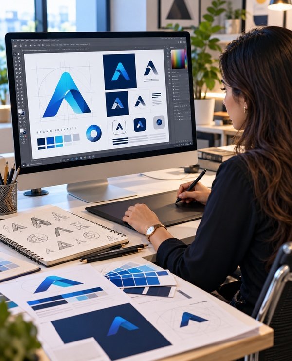 Graphic designer creating a professional logo and brand identity using design software, logo concepts, and blue color palettes.