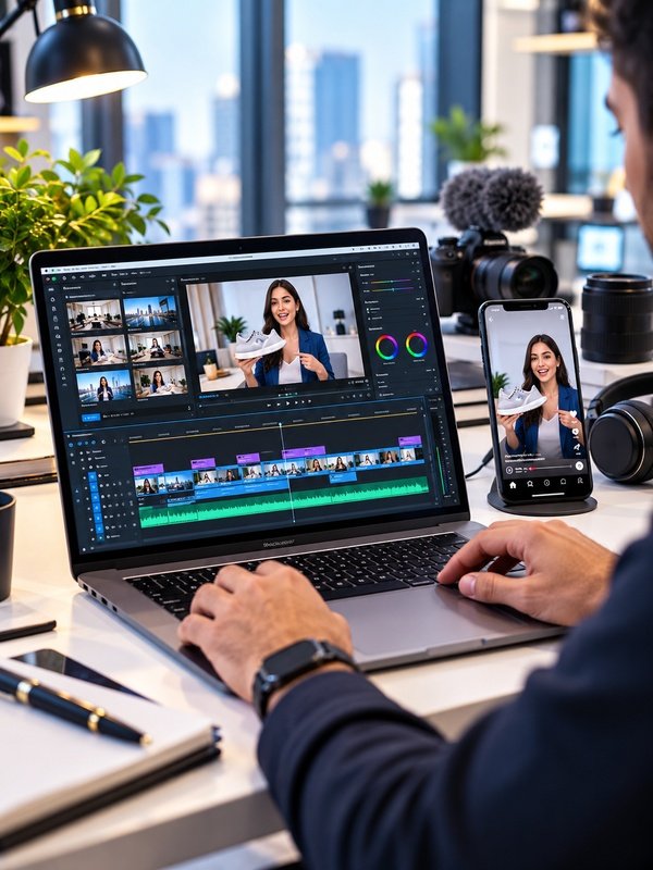 Professional video editing for digital marketing featuring product demonstration footage, social media video editing, and color grading on laptop and mobile screens.