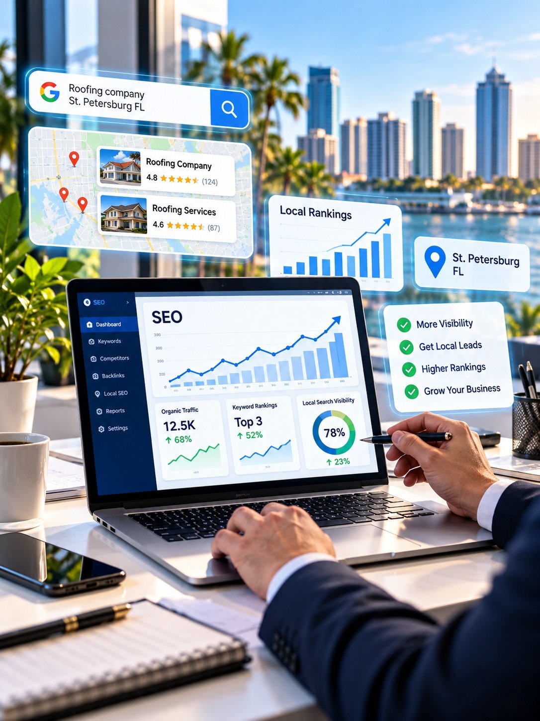 Local SEO services for roofing companies in St. Petersburg, Florida, featuring Google Maps visibility, local search rankings, and SEO performance analytics.