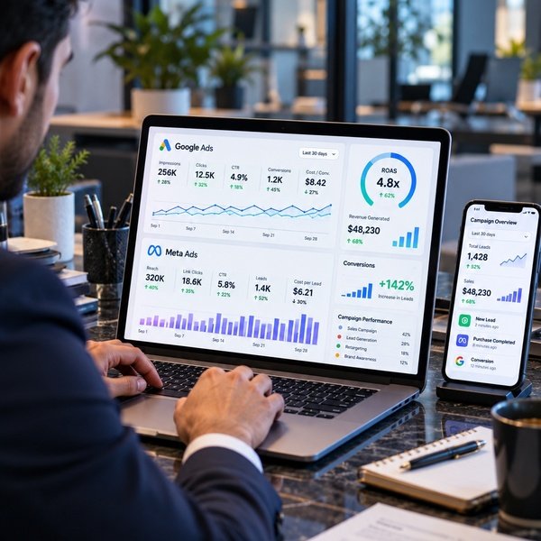 Performance marketing dashboard showing Google Ads, Meta Ads, campaign analytics, conversions, and ROAS metrics.