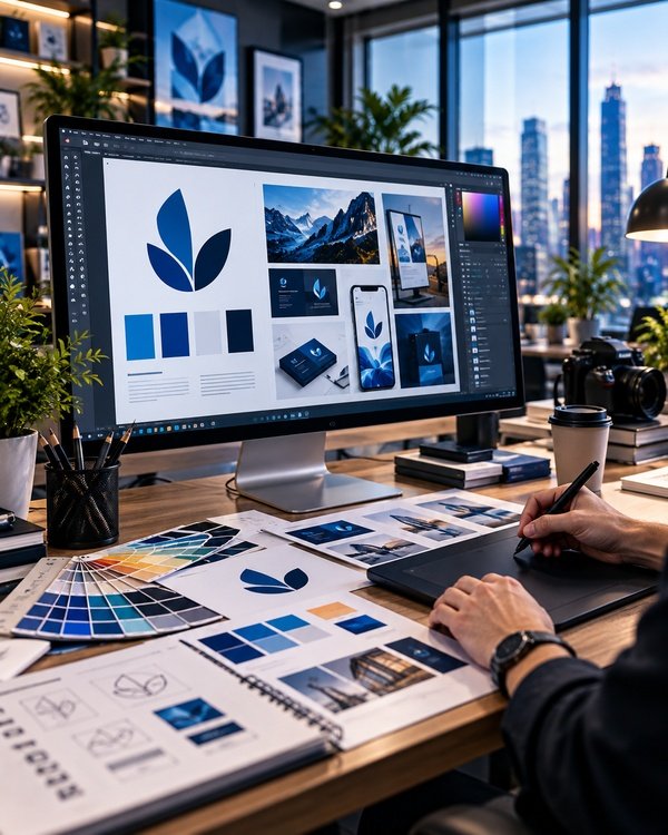 Graphic designer creating brand identity designs, logo concepts, marketing materials, and color palettes on a desktop computer.