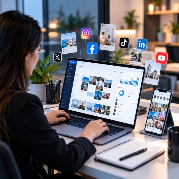 Social media manager organizing content and monitoring engagement across Instagram, Facebook, LinkedIn, TikTok, YouTube, and X.