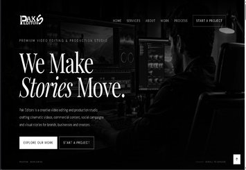 PakEditors website homepage showcasing video editing and production services with a dark cinematic design