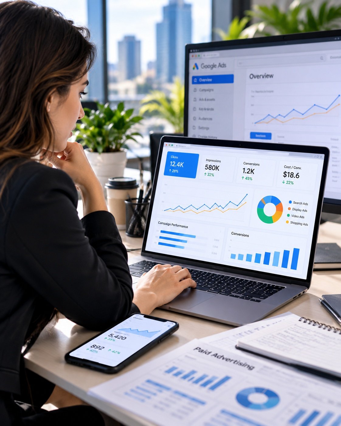 Marketing professional analyzing Google Ads performance, clicks, impressions, conversions, and paid advertising campaign metrics on a laptop.