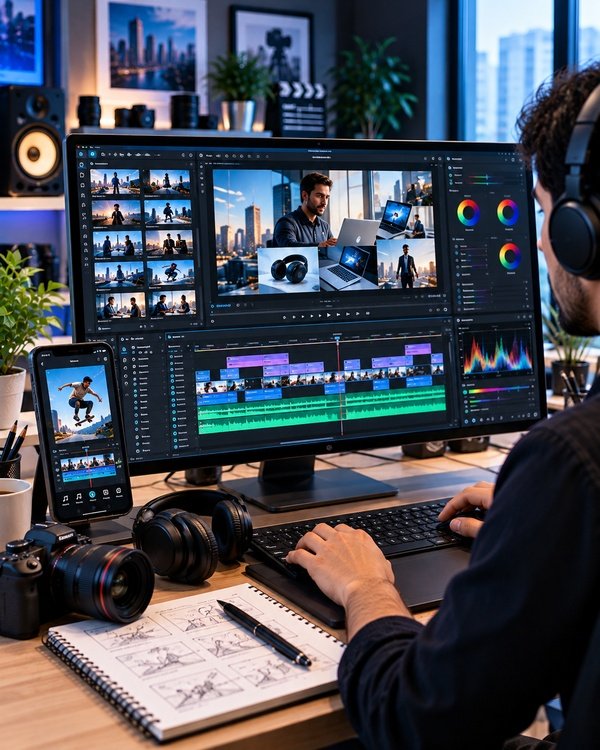 Professional video editing workstation featuring video timelines, color grading, audio editing, and multimedia content creation on desktop and mobile screens.
