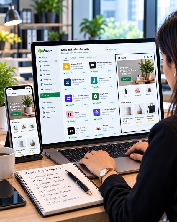 Shopify app integration dashboard showing product reviews, email marketing, customer support, and store optimization tools on desktop and mobile.