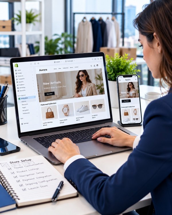 Shopify store development featuring a custom online fashion store, product listings, and responsive shopping design for desktop and mobile devices.