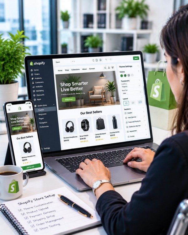 Shopify store development featuring custom theme customization, product listings, and responsive eCommerce design on laptop and mobile devices.