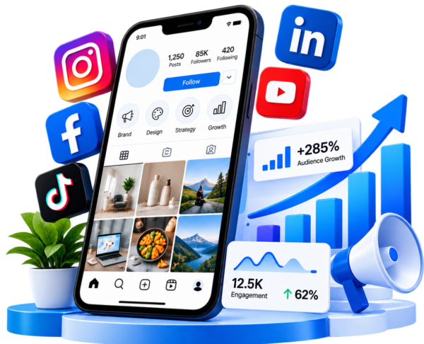 Social media marketing portfolio featuring social media platforms, content creation, and digital growth analytics