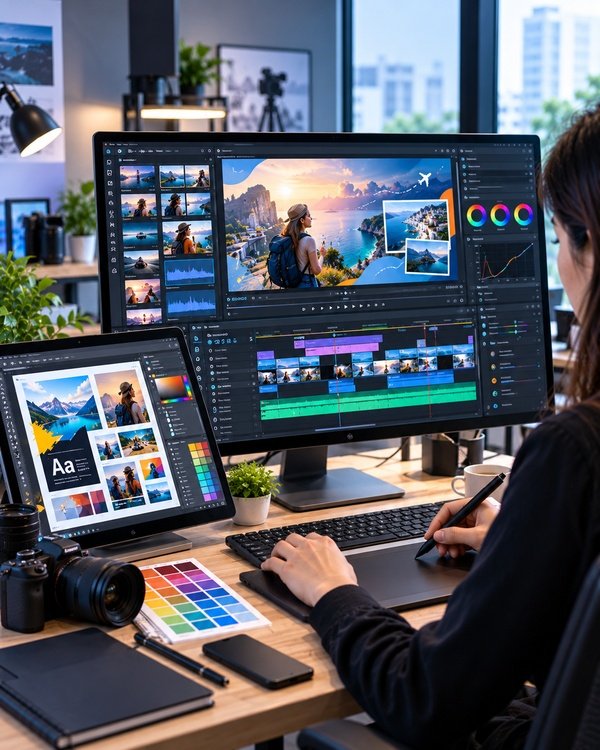 Professional video editing and graphic design workspace featuring video timelines, color grading tools, travel footage, and digital design on multiple screens.