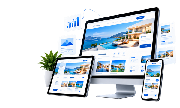 Responsive website development mockups displayed on desktop, tablet, and mobile devices