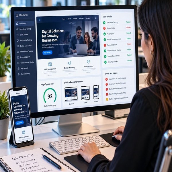 Website quality assurance testing dashboard displaying functional testing, broken link detection, page speed, mobile responsiveness, and security checks.