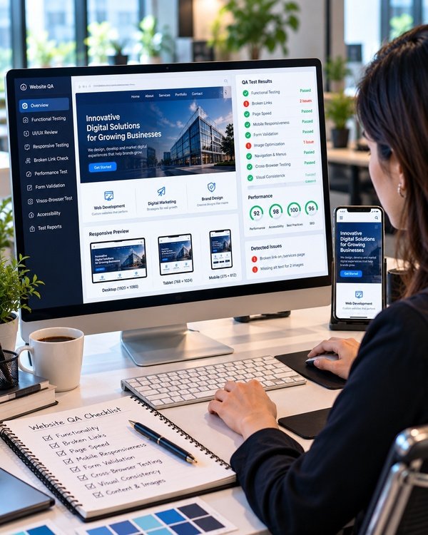 Website quality assurance testing dashboard showing functionality, responsive design, broken links, page speed, and mobile compatibility checks.